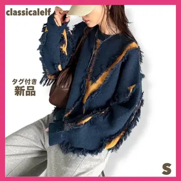 택 포함 새상품 프린지 배색 오버 니트 클래식 엘프 스웨터 네이비 S