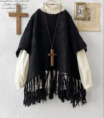 SO 프린지 니트 판초 블랙
