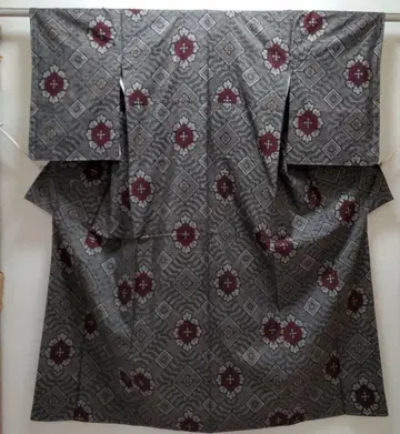 순수 실크 본장 오시마 명주 류고 빨강, 노랑 혼합 기모노 (855)