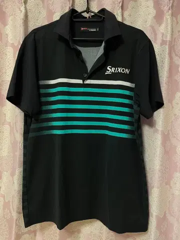 SRIXON 피케 셔츠 블랙 그린 보더 로고 자수 반팔 L
