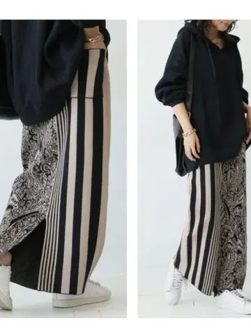 페이즐리 x 스트라이프 롱 스커트
