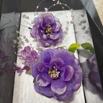 보라색 꽃 장식 비즈 머리 장식 일본 의류 졸업식 성인식 결혼식