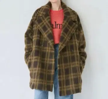 Ungrid 샤기 미들 기장 코트 체크 무늬 울