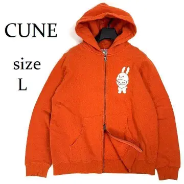CUNE 큔 토끼 프린트 풀 집업 후드티 속기모 오렌지 L