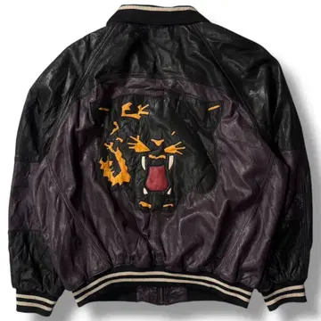 80s 유로 팬서 호랑이 무늬 올 가죽 바시티 자켓 가죽 자켓 구제 의류