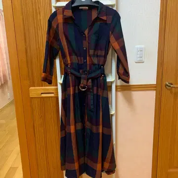 REDYAZEL 체크 무늬 셔츠 원피스 7부 소매 벨트 포함