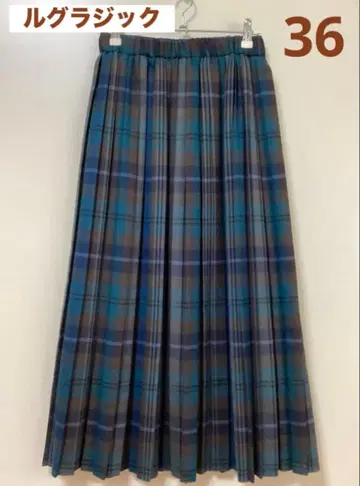 르 글라지크 체크 무늬 울 플리츠 롱 스커트 사이즈 36