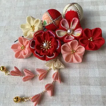 머리 장식 빨간색 살몬 핑크 토리노코 졸업식 성인식 시치고산