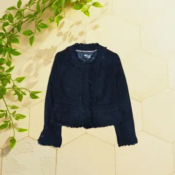 [ 세레모니 ] 노카라 트위드 자켓 블랙 프린지 숏 기장