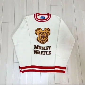 미키 와플 니트 스웨터 긴팔 크림색