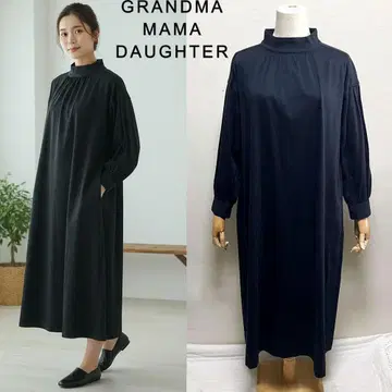 그랑마마 도터 스탠드 카라 밴드 카라 드레이프 저지 롱 원피스