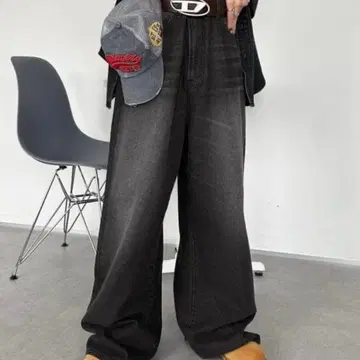 sodagle 다크 그레이 와이드 레그 데님 팬츠 빈티지