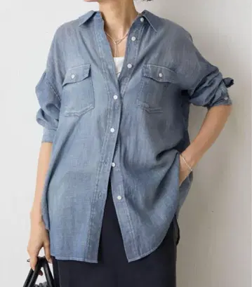 택 포함 미사용 새상품 비어즐리 BEARDSLEY 쉬폰 데님 셔츠