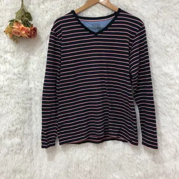 블루 스탠다드 V넥 긴팔 보더 티셔츠 [ LL ] 빅 사이즈 면