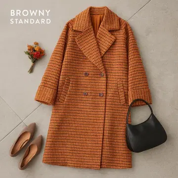 B382 BROWNY STANDARD 오렌지 체크 롱 코트