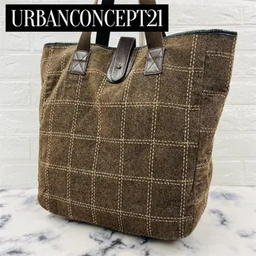 어반 컨셉 21 토트백 트위드 가죽 체크 격자 브라운