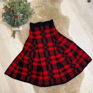 랄프 로렌 빨간색과 블랙 체크 무늬 니트 플레어 스커트 xs 울 스커트