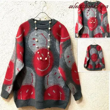 2025 신상 루즈한 사이즈 스마일 올 패턴 촉촉 니트 풀오버 L-LL