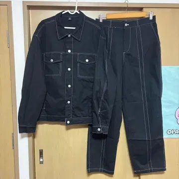 남성용 SHEIN 셋업 긴팔 자켓 팬츠 블랙 화이트 스티치 상하의