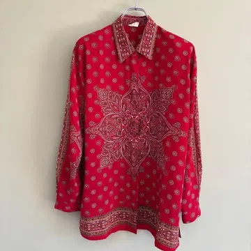 페이즐리 빨간색 긴팔 셔츠 블라우스 여성용 가을 폴리에스테르 L