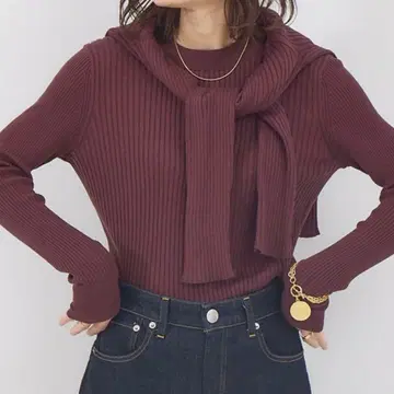 Rouge vif 코튼 실크 리브 크루넥 니트