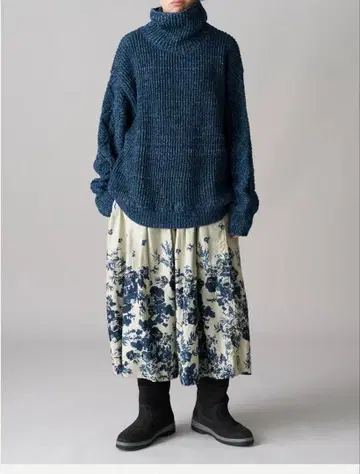 45r 인디고 로즈 프린트 이지 개더 스커트