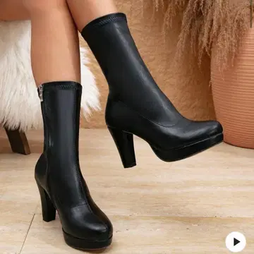 블랙 미드컷 부츠 하이힐 가죽