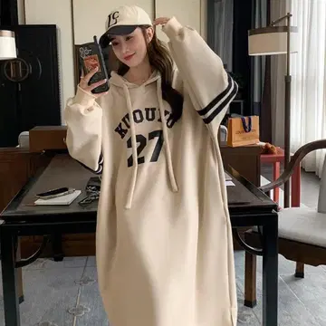 롱 후드티 원피스 맨투맨 원피스 체형 커버 베이지