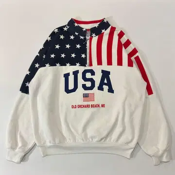 80s 90s ESY USA 성조기 패턴 하프 지퍼 맨투맨 USA제 L