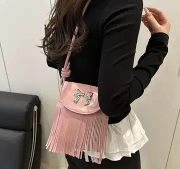 프린지 리본 숄더백 핑크