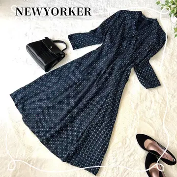 새상품급 NEWYORKER 보타이 롱 원피스 9AR 네이비 올 패턴