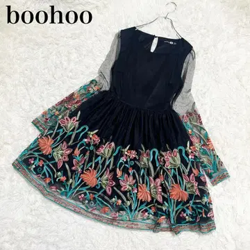 부후 꽃무늬 자수 플레어 원피스 시스루 소매 A라인