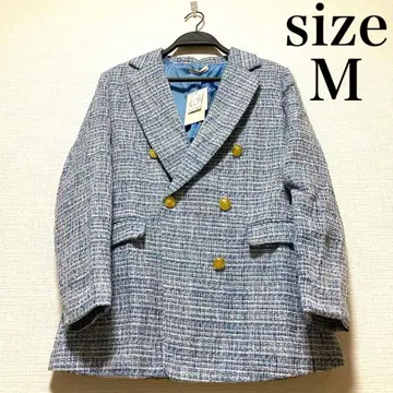 트위드 테일러드 자켓 M 체크 더블 버튼 블루 M