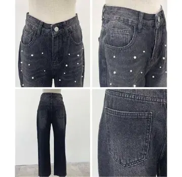 블랙 데님 펄 장식 데님 펄 장식 데님 스트레이트 데님