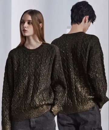 CLEL 호일 프린트 케이블 크루넥 니트 XS 브라운