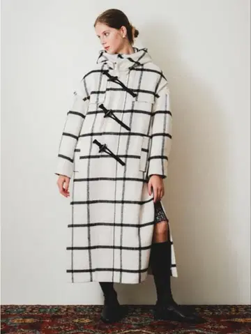 [ PINUE ] 롱 더플 코트 체크 S