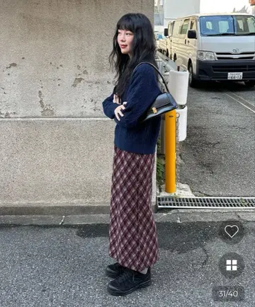 nugu 버건디 체크 무늬 롱 스커트