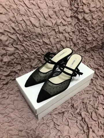 RANDA 시어 리본 뮬 펌프스 도트 블랙 S