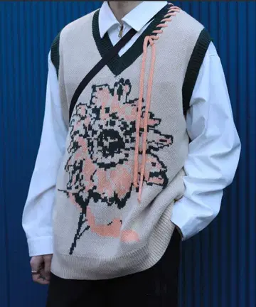 HOOK 레트로풍 해바라기 무늬 스티치 프린지 브이넥 니트 베스트