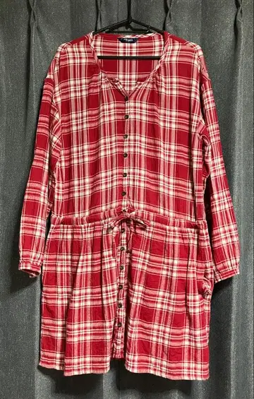 핑크하우스 긴팔 튜닉 프론트 오픈 깅엄 체크 빨간색