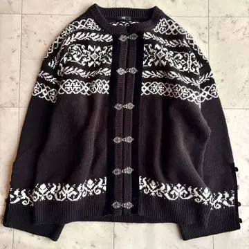 새상품급 하레 벨로아 파이핑 노르딕 무늬 니트 가디건 프리 블랙