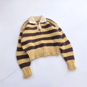 카라 부착 숏 기장 짧은 기장 보더 니트 울 100% P