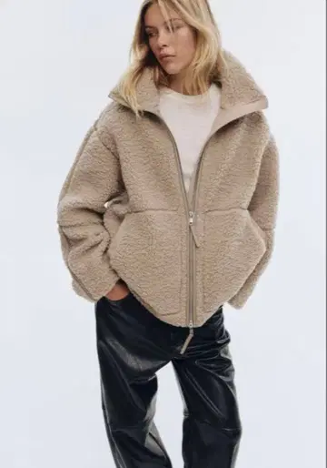 H&M 루즈 테디 자켓 베이지 S