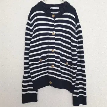 자라 | 보더 무늬 니트 가디건 [ S ] 골드 버튼 닻 마크 크루넥 면