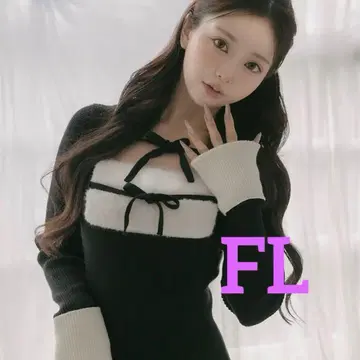 Darich 리본 퍼 플레어 니트 미니 원피스 FL 사이즈 블랙