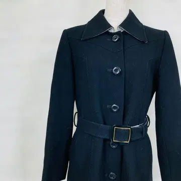 sanyo 벨트 포함 블랙 울 롱 코트