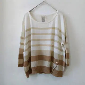 나노 유니버스 랜덤 보더 니트 7부 소매 스웨터 베이지 계열 골드 버튼