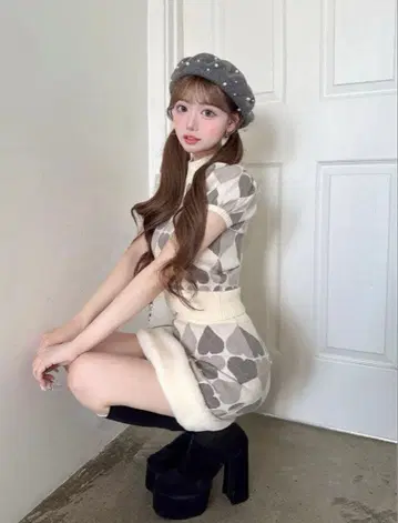 Darich 아가일 하트 체크 니트 셋업