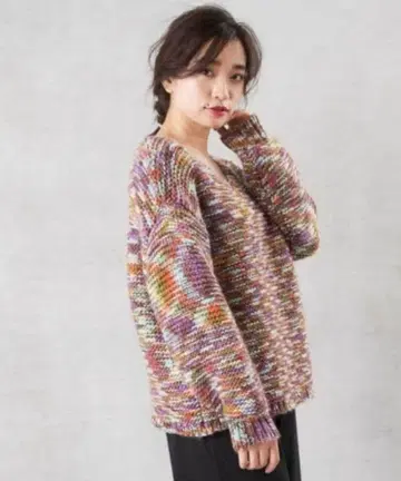 Discoat 니트 긴팔 스웨터 오버 사이즈 모자이크 컬러풀 귀여운