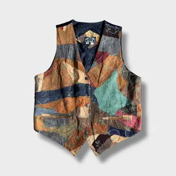 90s 원포인트 자수 패치워크 베스트 올 패턴 빈티지 블랙 멀티 컬러